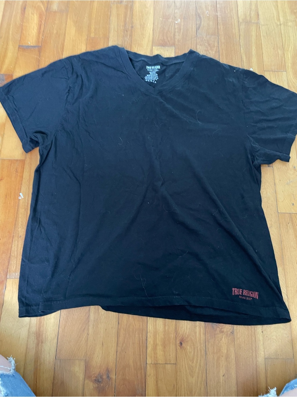 True Religion Black V-Neck Short Sleeve Tee with Red Logo